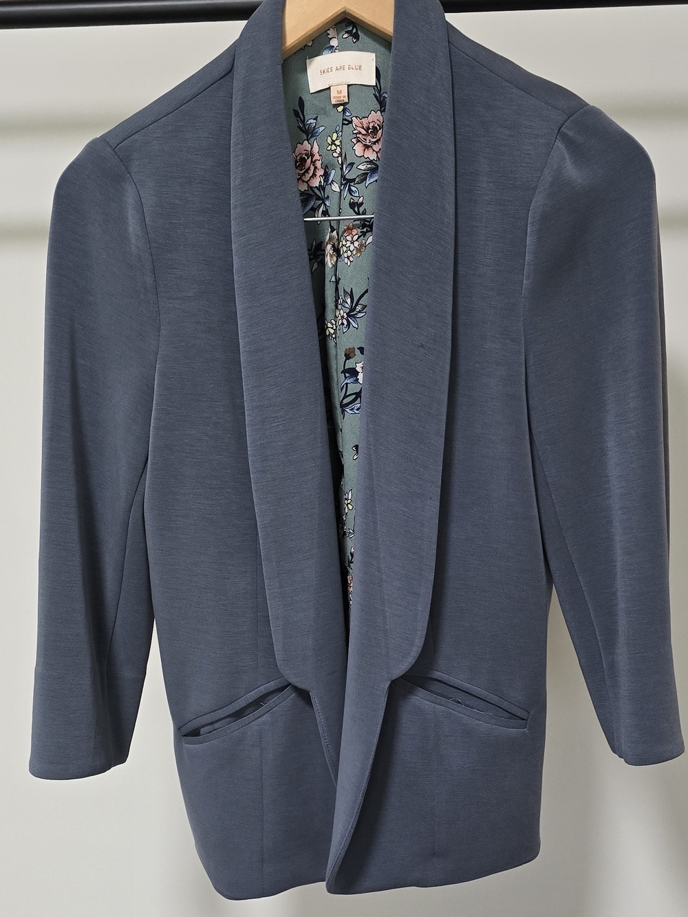 Skies Are Blue Slate Blue Shawl-Collar Floral-Lined Blazer